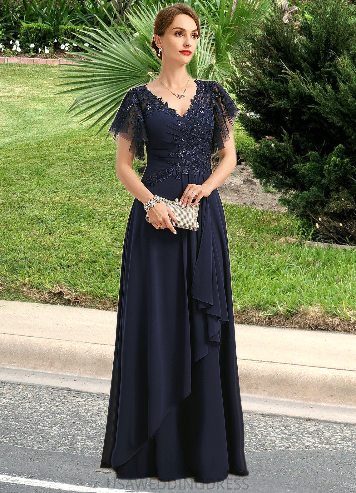 Matilda A-line V-Neck Floor-Length Chiffon Lace Mother of the Bride Dress With Cascading Ruffles Sequins DS126P0021738