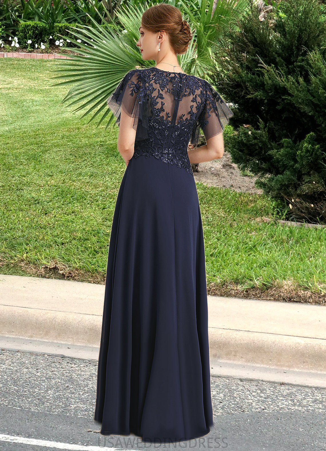 Matilda A-line V-Neck Floor-Length Chiffon Lace Mother of the Bride Dress With Cascading Ruffles Sequins DS126P0021738