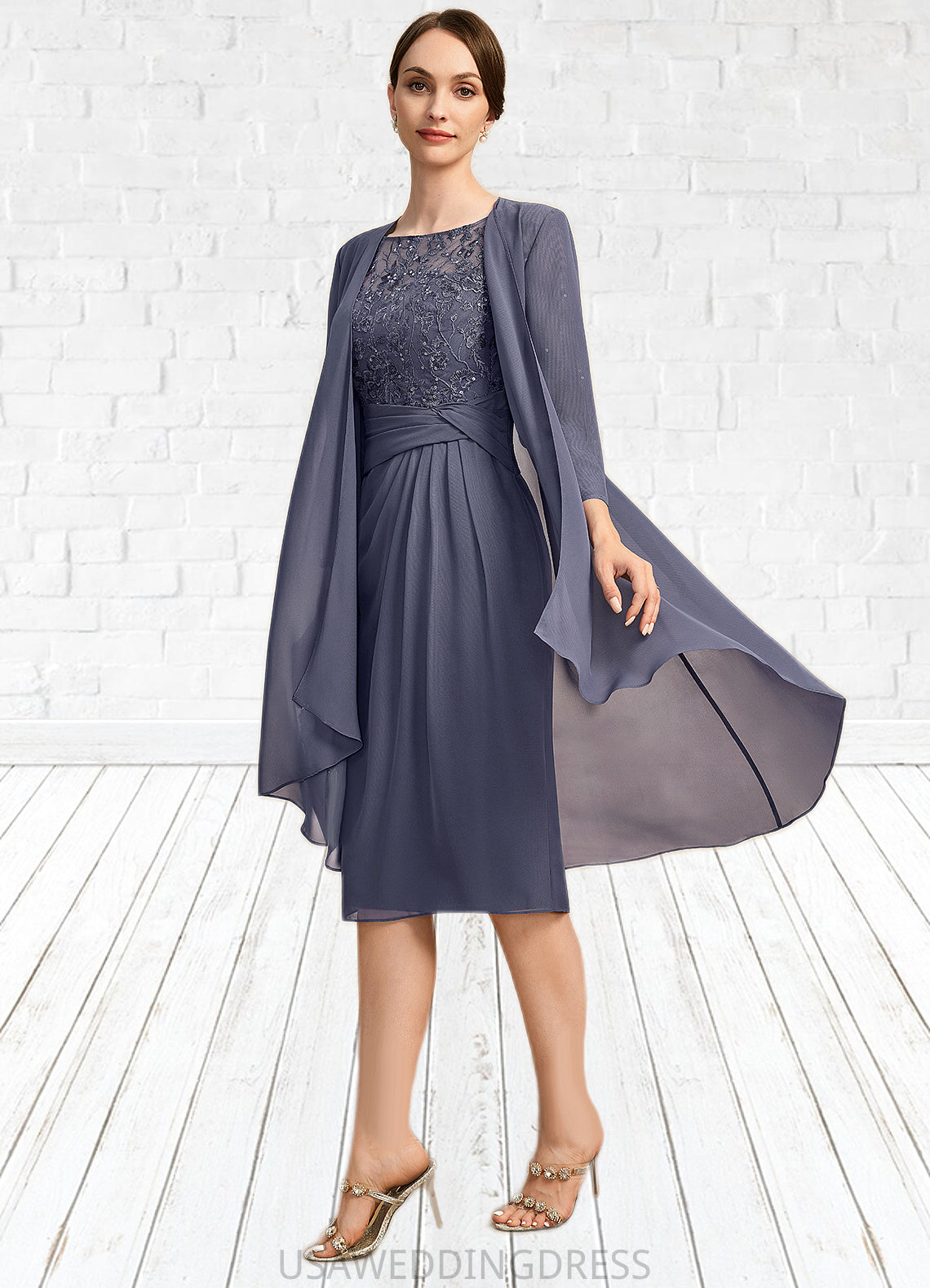 Zoe Sheath/Column Scoop Illusion Knee-Length Chiffon Lace Mother of the Bride Dress With Pleated Sequins DS126P0021739