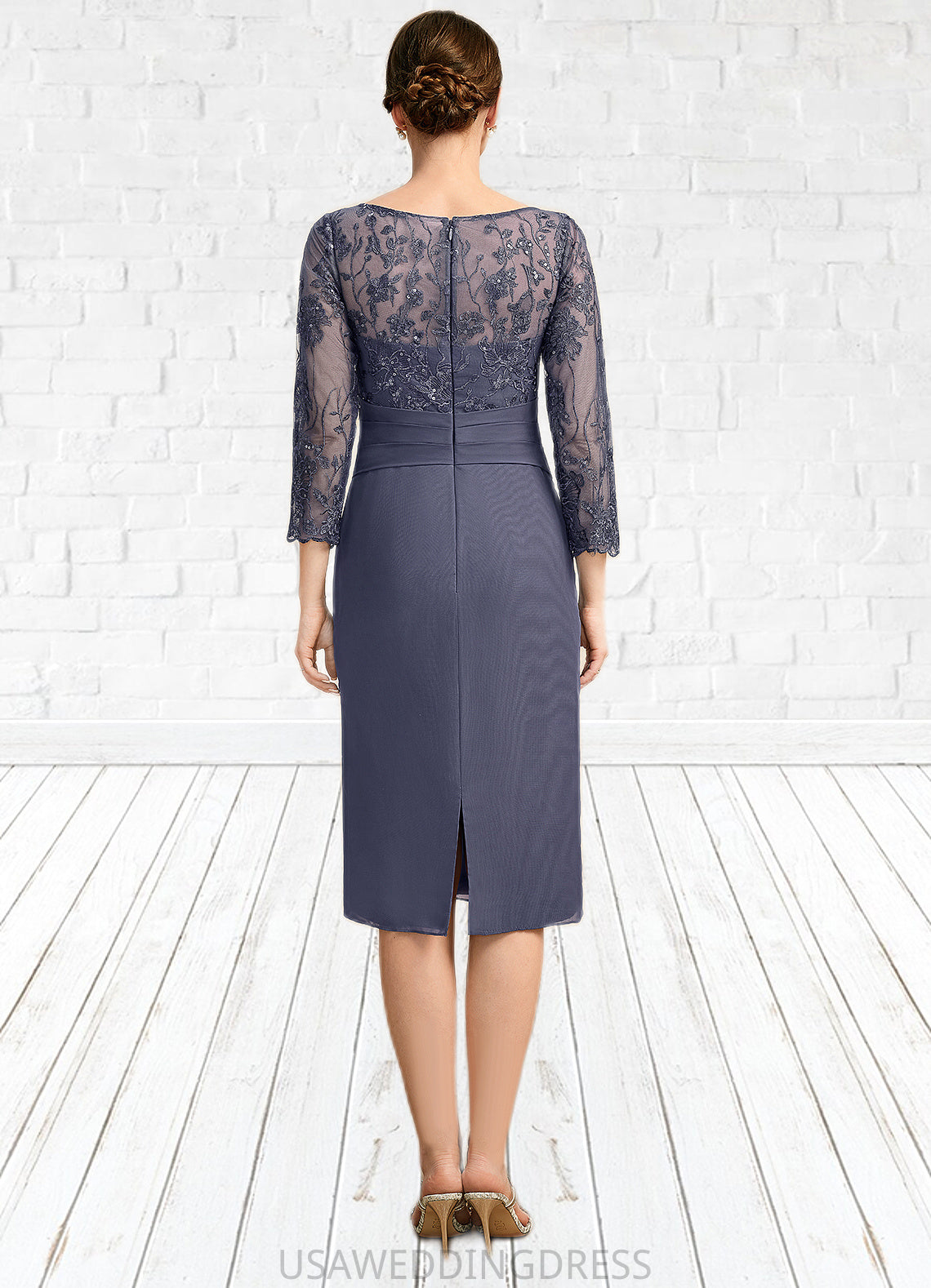 Zoe Sheath/Column Scoop Illusion Knee-Length Chiffon Lace Mother of the Bride Dress With Pleated Sequins DS126P0021739