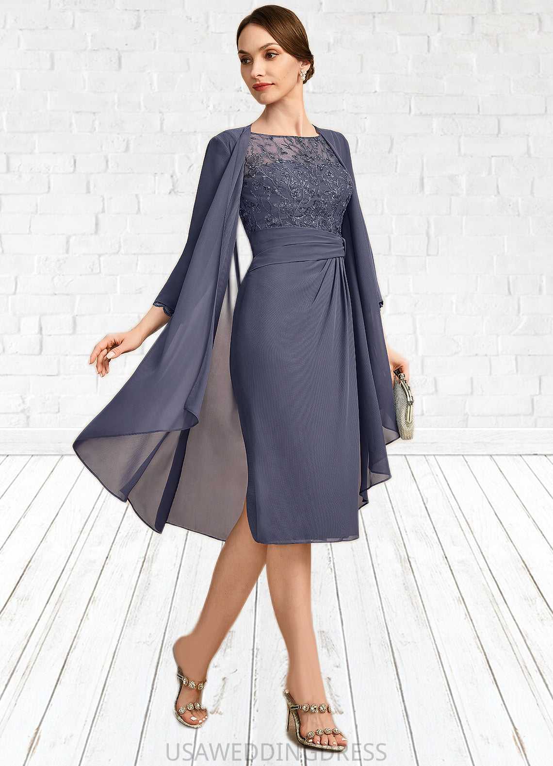 Zoe Sheath/Column Scoop Illusion Knee-Length Chiffon Lace Mother of the Bride Dress With Pleated Sequins DS126P0021739