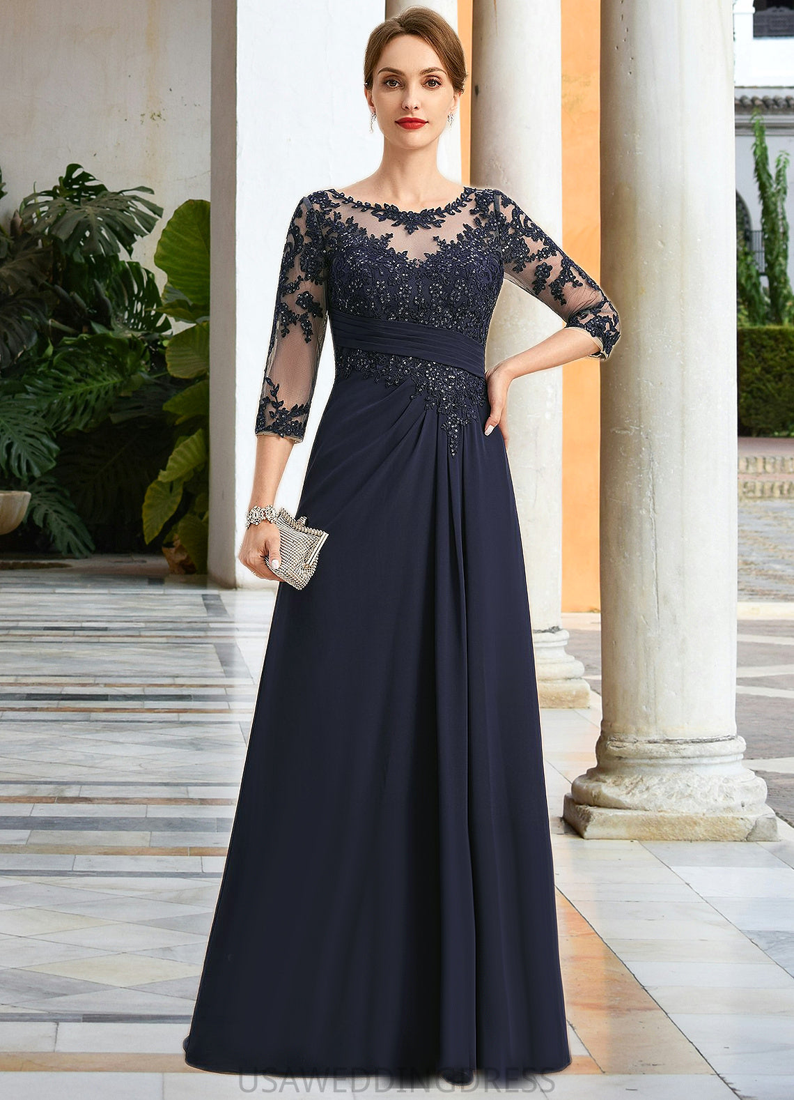 Emmy A-line Scoop Illusion Floor-Length Chiffon Lace Mother of the Bride Dress With Pleated Sequins DS126P0021741