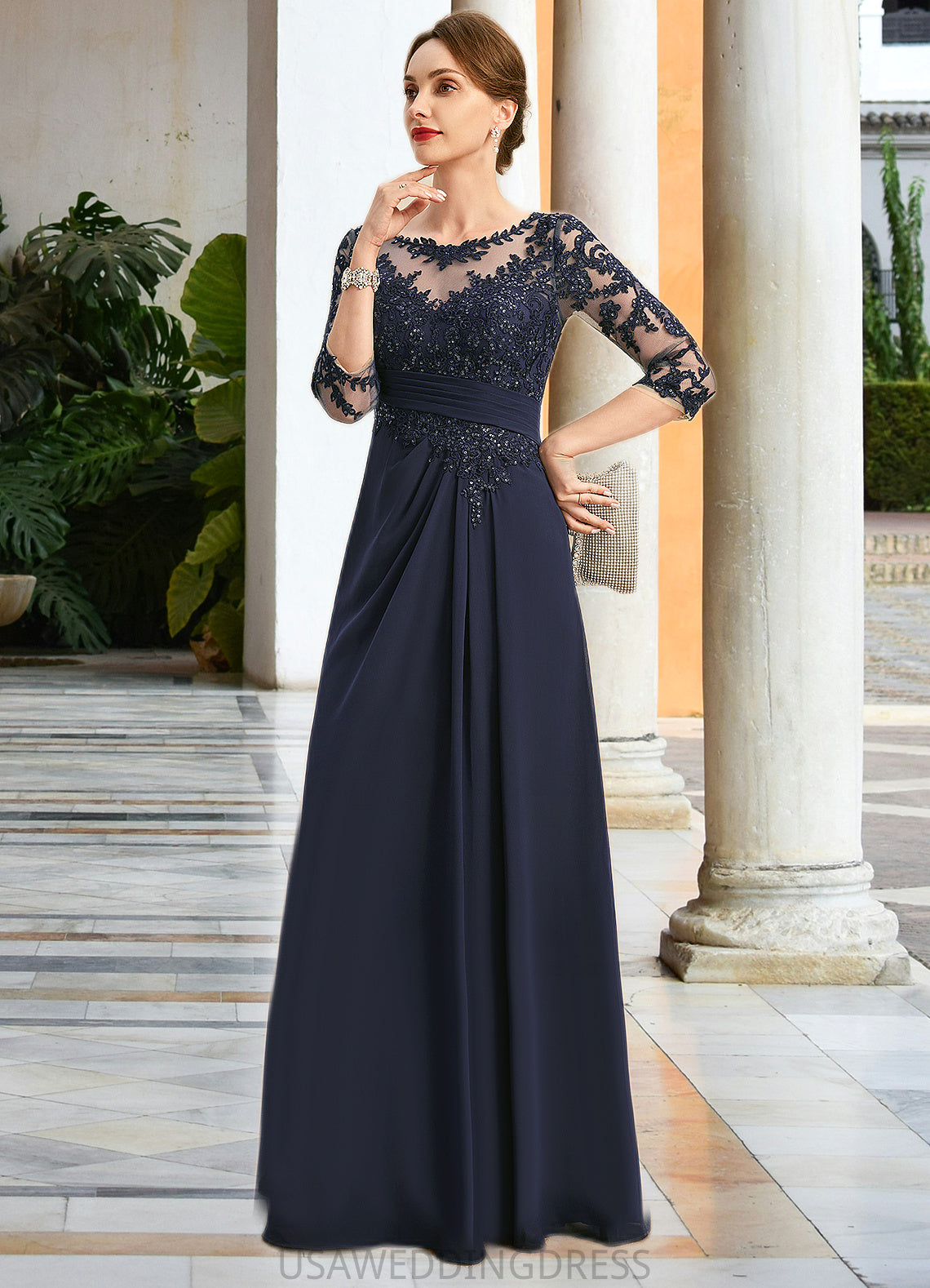 Emmy A-line Scoop Illusion Floor-Length Chiffon Lace Mother of the Bride Dress With Pleated Sequins DS126P0021741