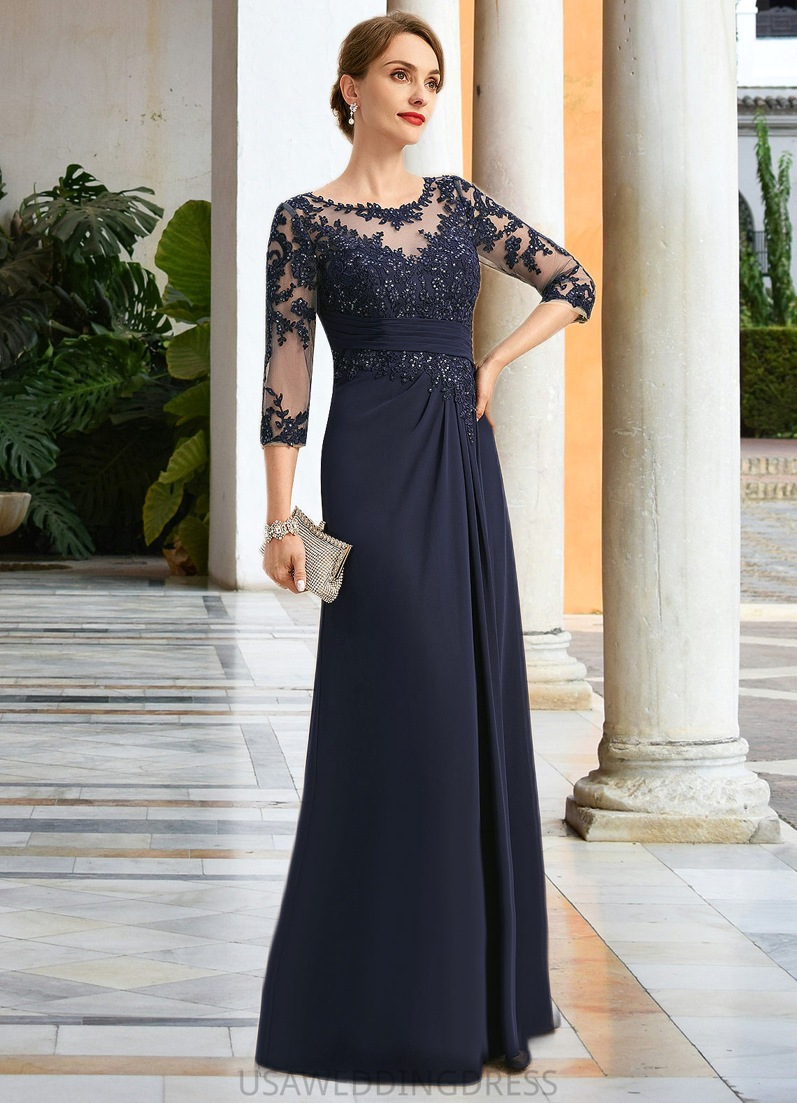 Emmy A-line Scoop Illusion Floor-Length Chiffon Lace Mother of the Bride Dress With Pleated Sequins DS126P0021741