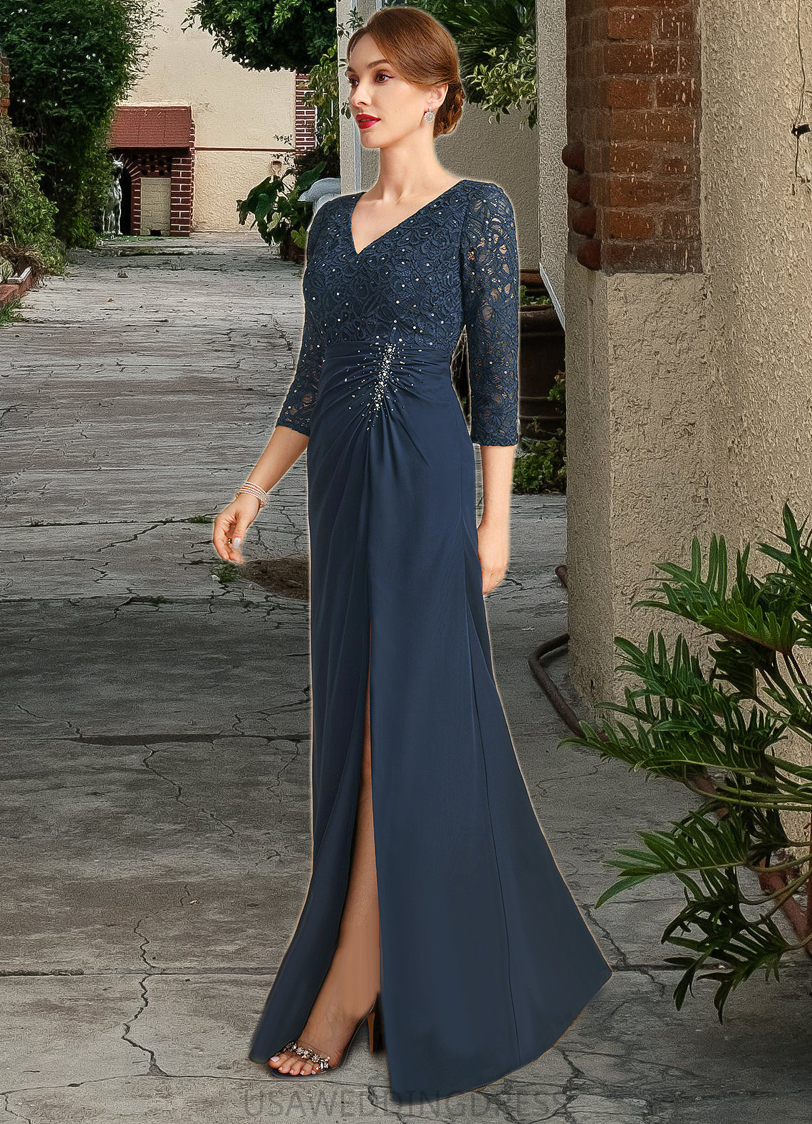 Deja Sheath/Column V-Neck Floor-Length Chiffon Lace Mother of the Bride Dress With Beading Pleated Sequins DS126P0021743