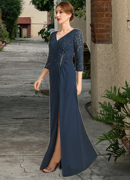 Deja Sheath/Column V-Neck Floor-Length Chiffon Lace Mother of the Bride Dress With Beading Pleated Sequins DS126P0021743