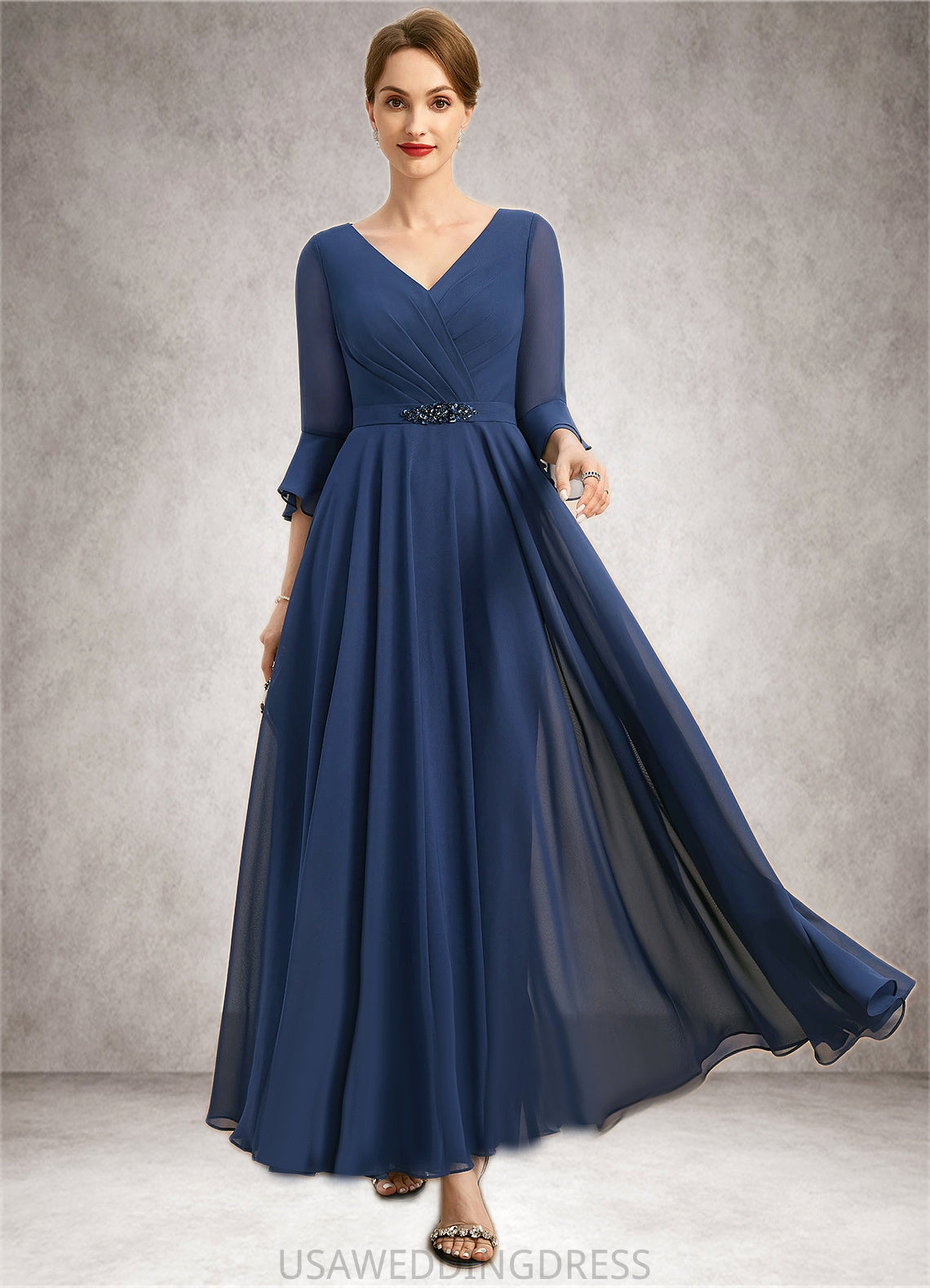 Sofia A-line V-Neck Ankle-Length Chiffon Mother of the Bride Dress With Beading Pleated Sequins DS126P0021745