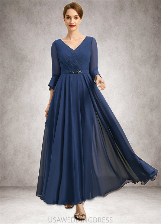 Sofia A-line V-Neck Ankle-Length Chiffon Mother of the Bride Dress With Beading Pleated Sequins DS126P0021745