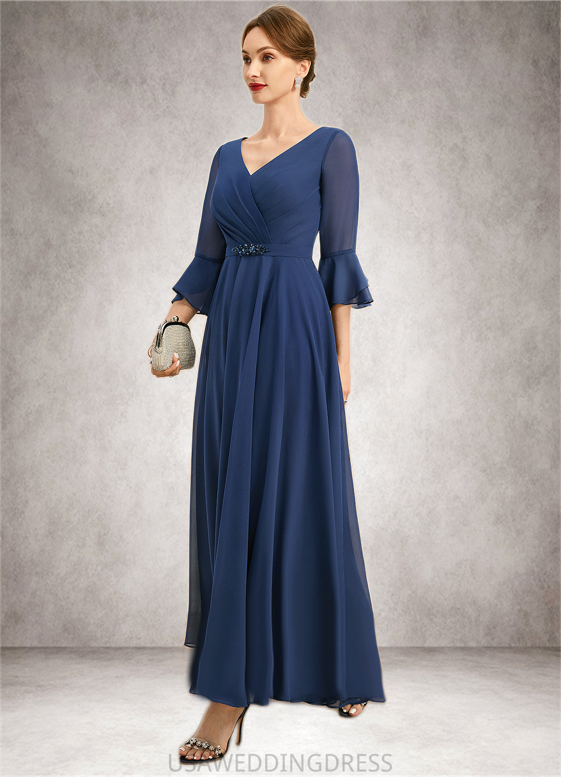 Sofia A-line V-Neck Ankle-Length Chiffon Mother of the Bride Dress With Beading Pleated Sequins DS126P0021745