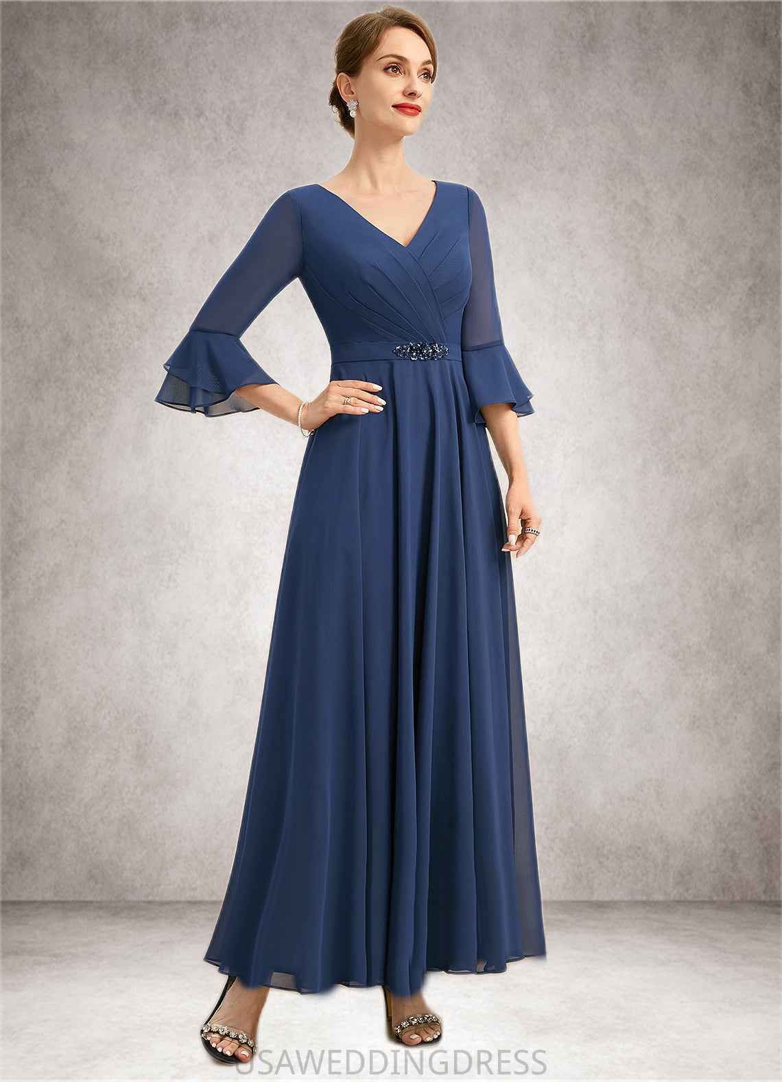 Sofia A-line V-Neck Ankle-Length Chiffon Mother of the Bride Dress With Beading Pleated Sequins DS126P0021745
