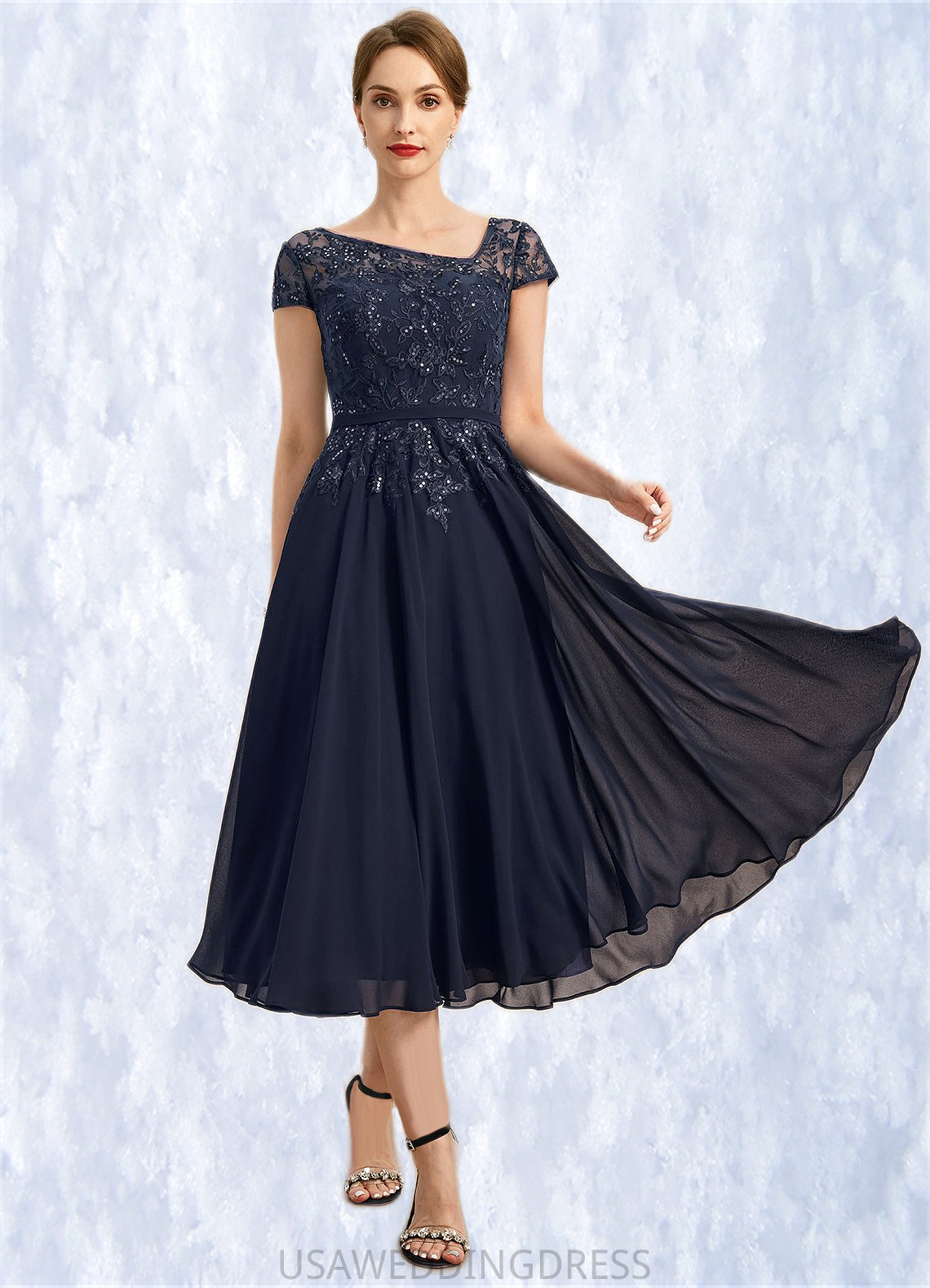 Aimee A-line Asymmetrical Tea-Length Chiffon Lace Mother of the Bride Dress With Sequins DS126P0021750