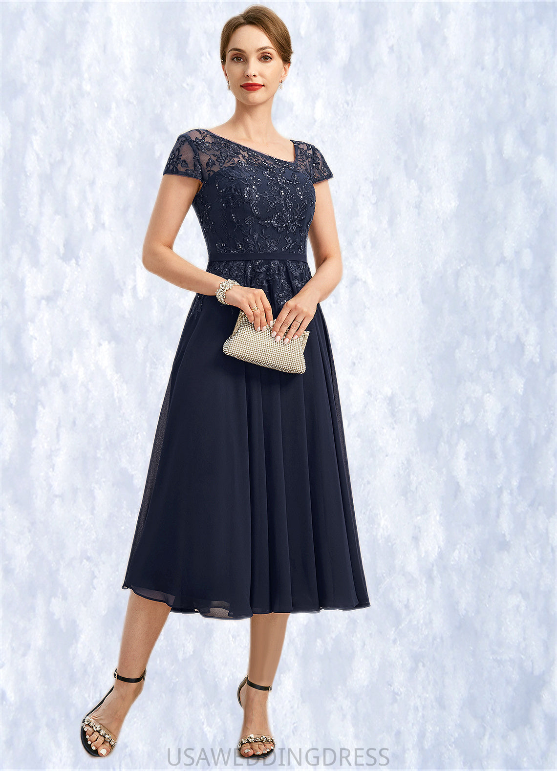 Aimee A-line Asymmetrical Tea-Length Chiffon Lace Mother of the Bride Dress With Sequins DS126P0021750