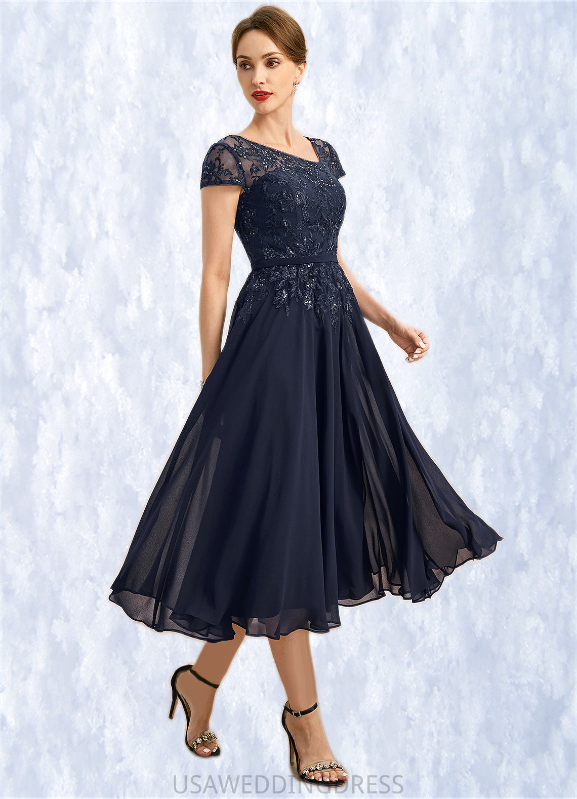 Aimee A-line Asymmetrical Tea-Length Chiffon Lace Mother of the Bride Dress With Sequins DS126P0021750