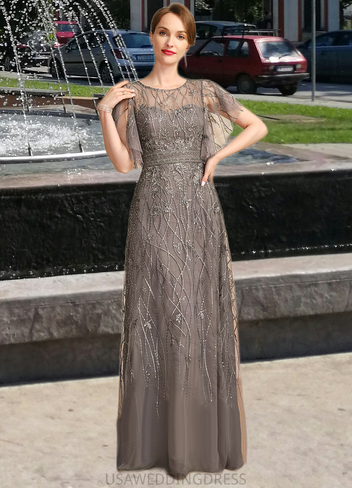 Sabrina A-line Scoop Illusion Floor-Length Lace Mother of the Bride Dress With Sequins DS126P0021752