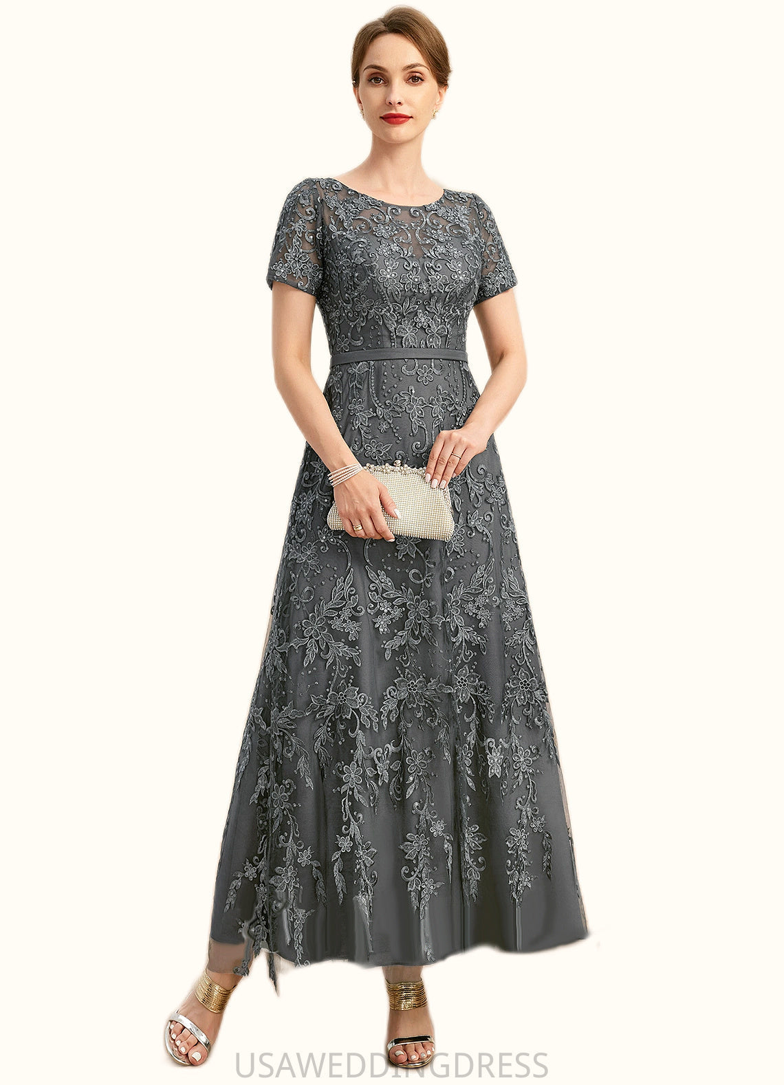 Layla A-line Scoop Illusion Ankle-Length Chiffon Lace Mother of the Bride Dress With Sequins DS126P0021753