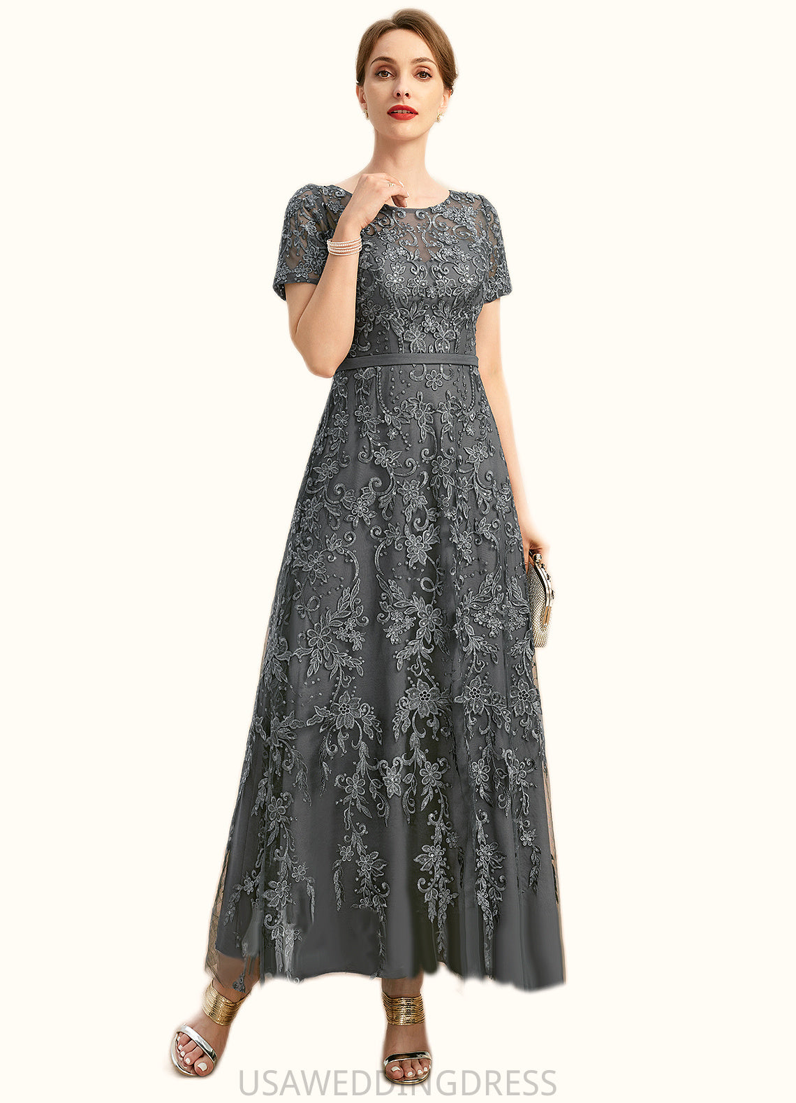 Layla A-line Scoop Illusion Ankle-Length Chiffon Lace Mother of the Bride Dress With Sequins DS126P0021753