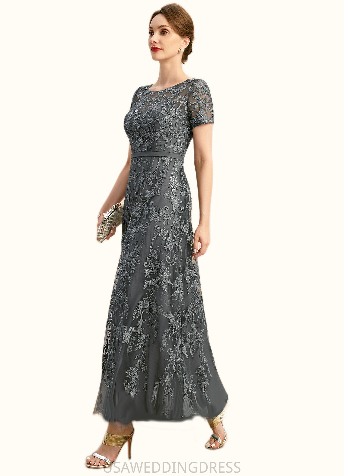 Layla A-line Scoop Illusion Ankle-Length Chiffon Lace Mother of the Bride Dress With Sequins DS126P0021753