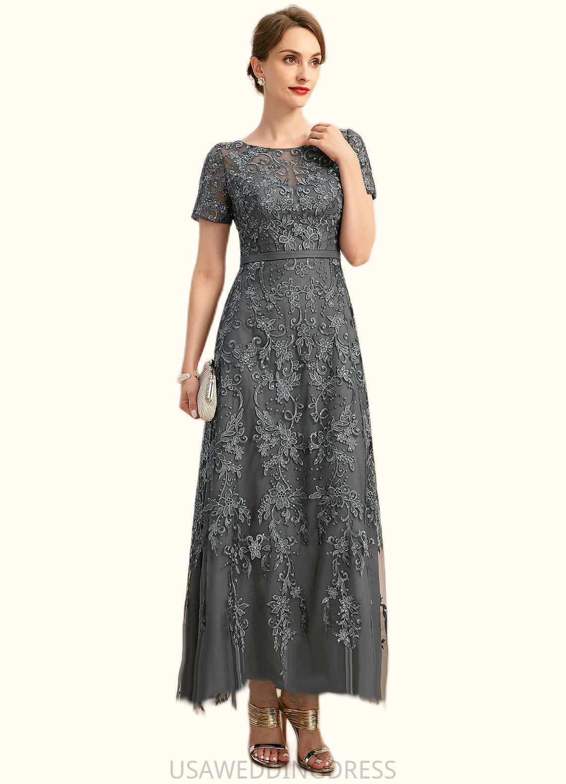 Layla A-line Scoop Illusion Ankle-Length Chiffon Lace Mother of the Bride Dress With Sequins DS126P0021753