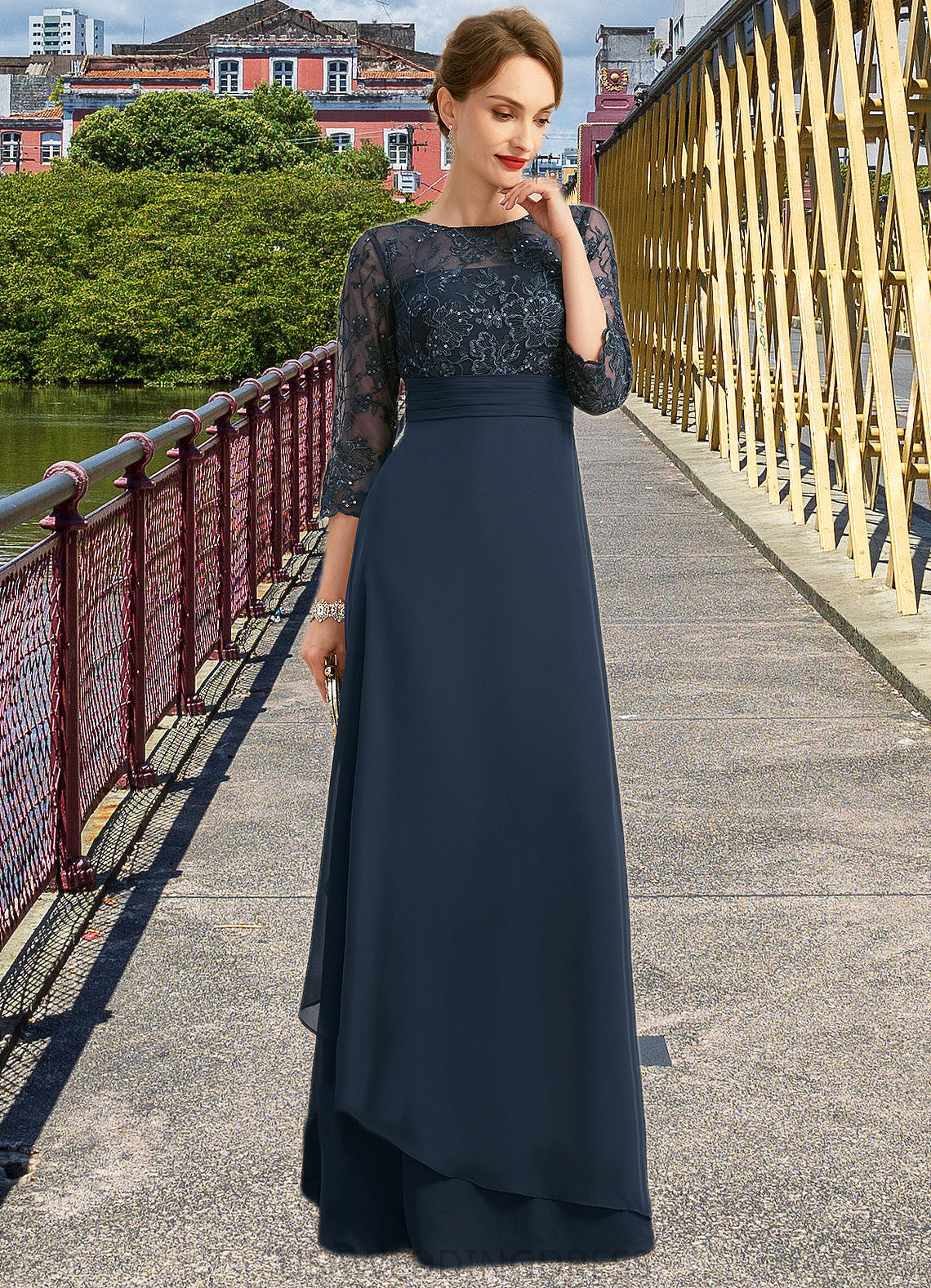 Elisabeth A-line Scoop Illusion Floor-Length Chiffon Lace Mother of the Bride Dress With Pleated Sequins DS126P0021754