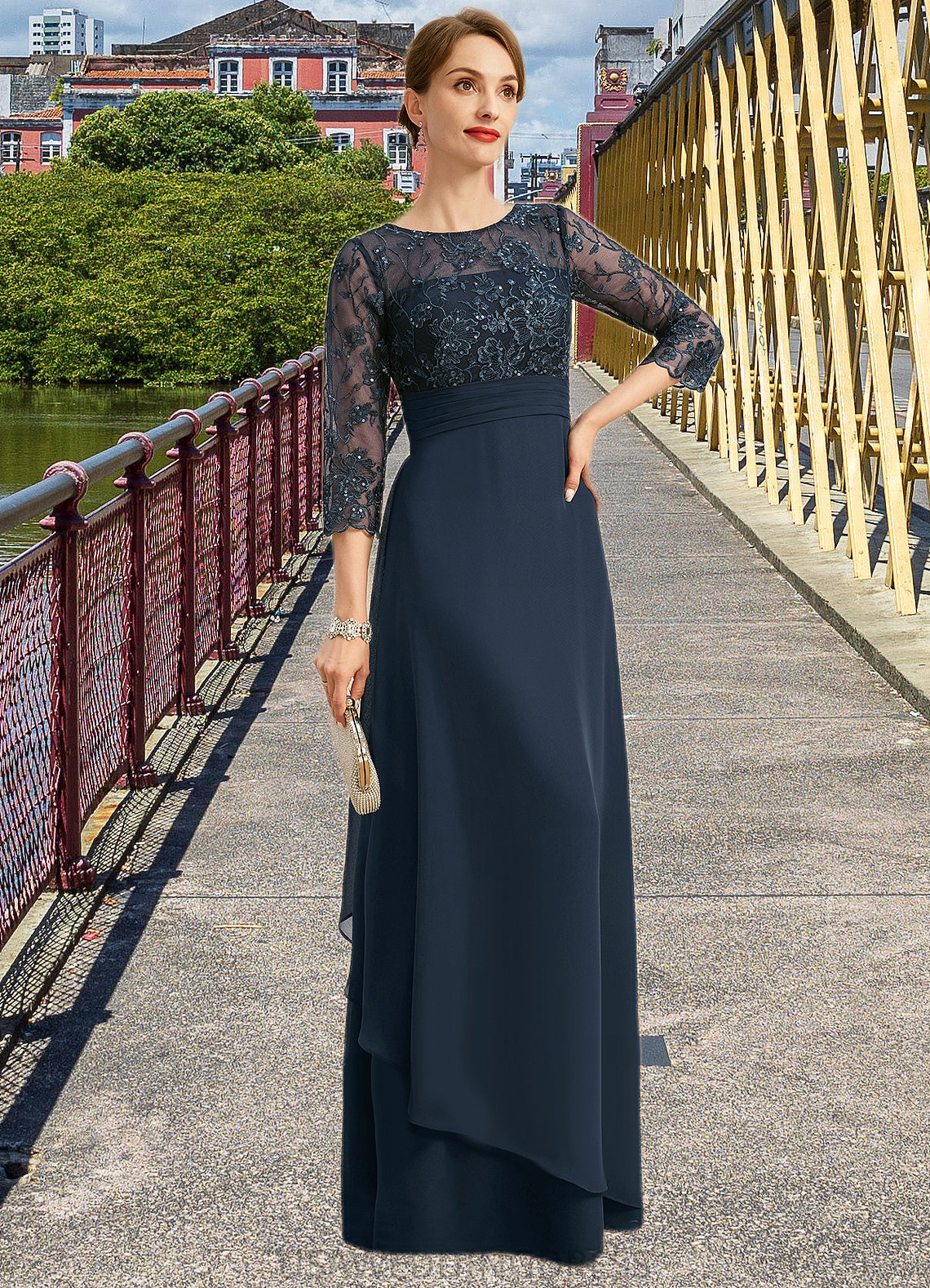 Elisabeth A-line Scoop Illusion Floor-Length Chiffon Lace Mother of the Bride Dress With Pleated Sequins DS126P0021754
