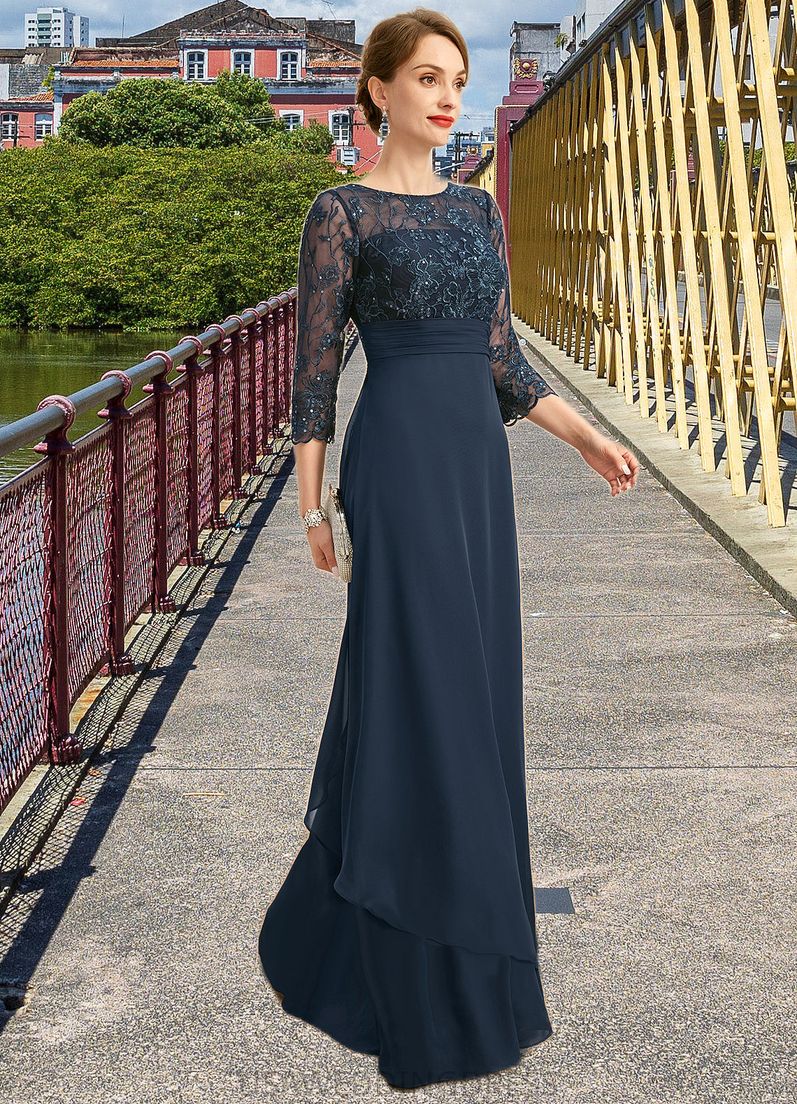 Elisabeth A-line Scoop Illusion Floor-Length Chiffon Lace Mother of the Bride Dress With Pleated Sequins DS126P0021754