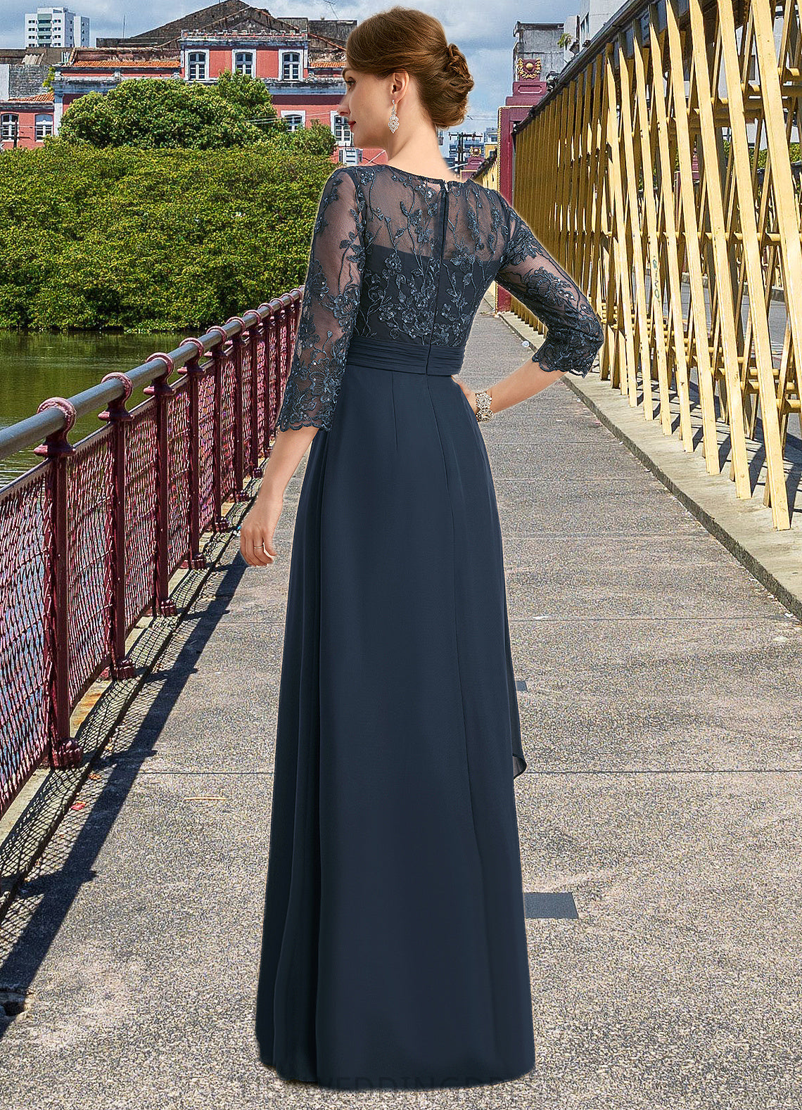 Elisabeth A-line Scoop Illusion Floor-Length Chiffon Lace Mother of the Bride Dress With Pleated Sequins DS126P0021754