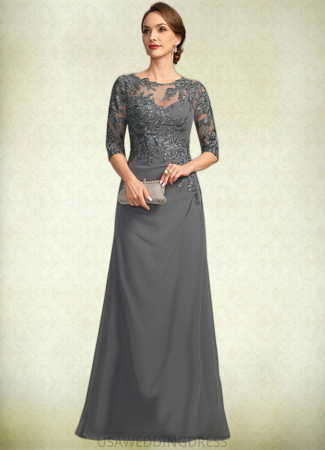 Cheyanne Sheath/Column Scoop Illusion Floor-Length Chiffon Lace Mother of the Bride Dress With Pleated Sequins DS126P0021757