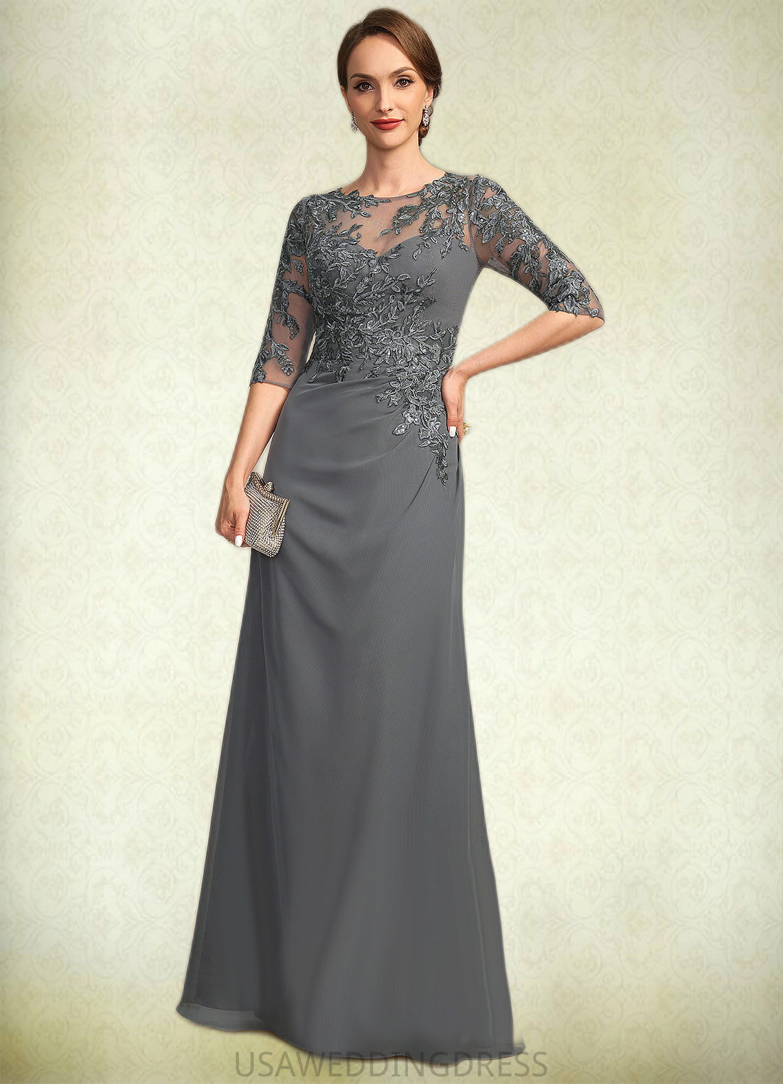 Cheyanne Sheath/Column Scoop Illusion Floor-Length Chiffon Lace Mother of the Bride Dress With Pleated Sequins DS126P0021757