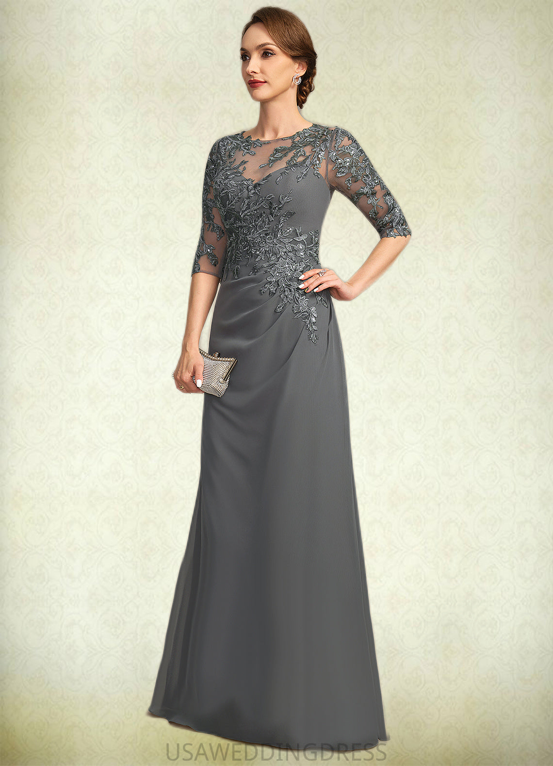 Cheyanne Sheath/Column Scoop Illusion Floor-Length Chiffon Lace Mother of the Bride Dress With Pleated Sequins DS126P0021757