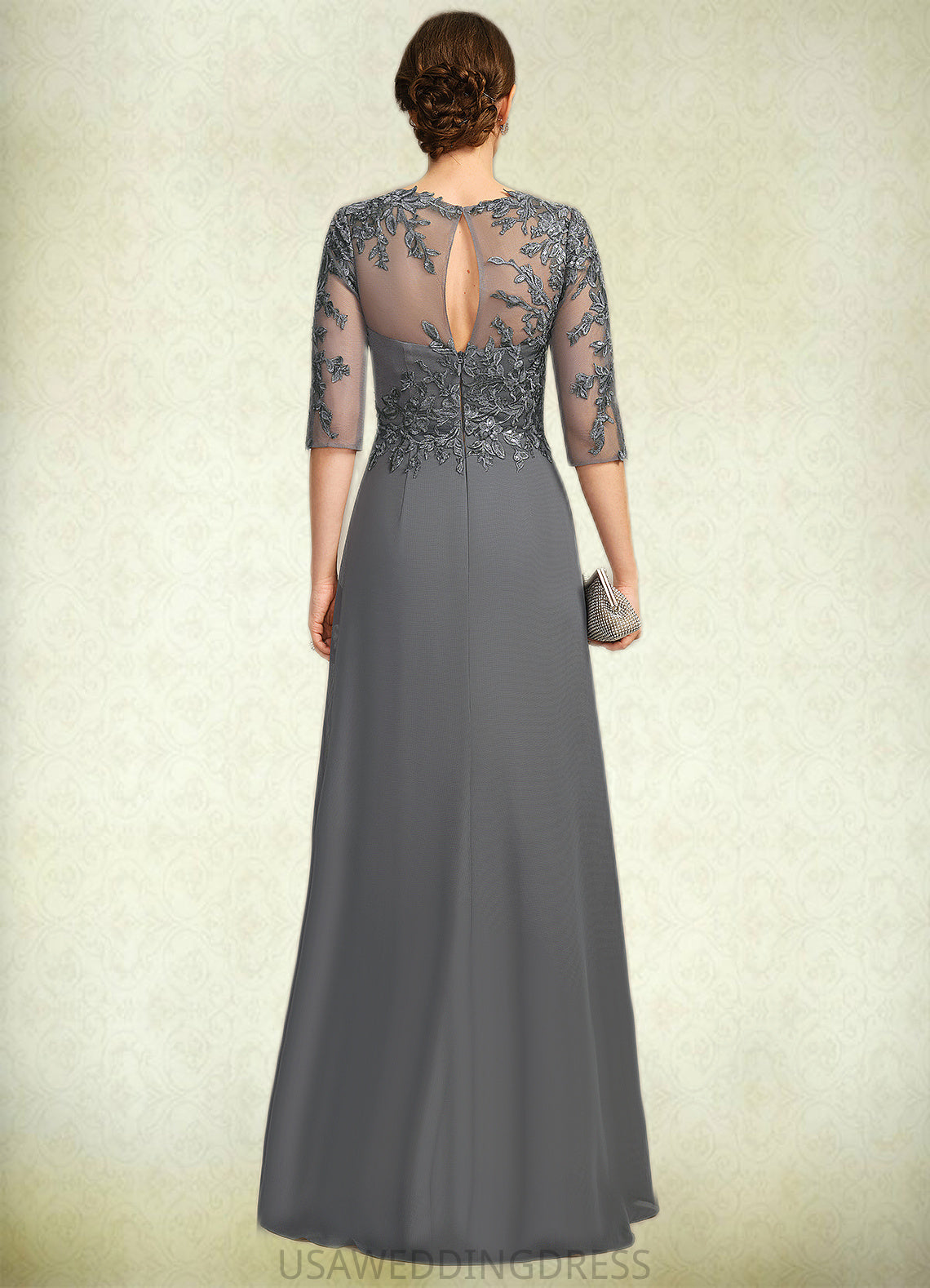 Cheyanne Sheath/Column Scoop Illusion Floor-Length Chiffon Lace Mother of the Bride Dress With Pleated Sequins DS126P0021757