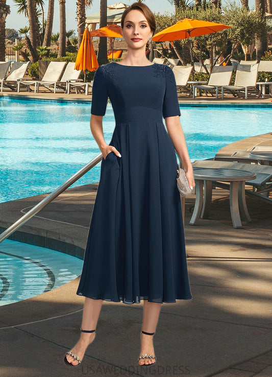 Callie A-line Scoop Tea-Length Chiffon Mother of the Bride Dress With Appliques Lace Sequins DS126P0021760