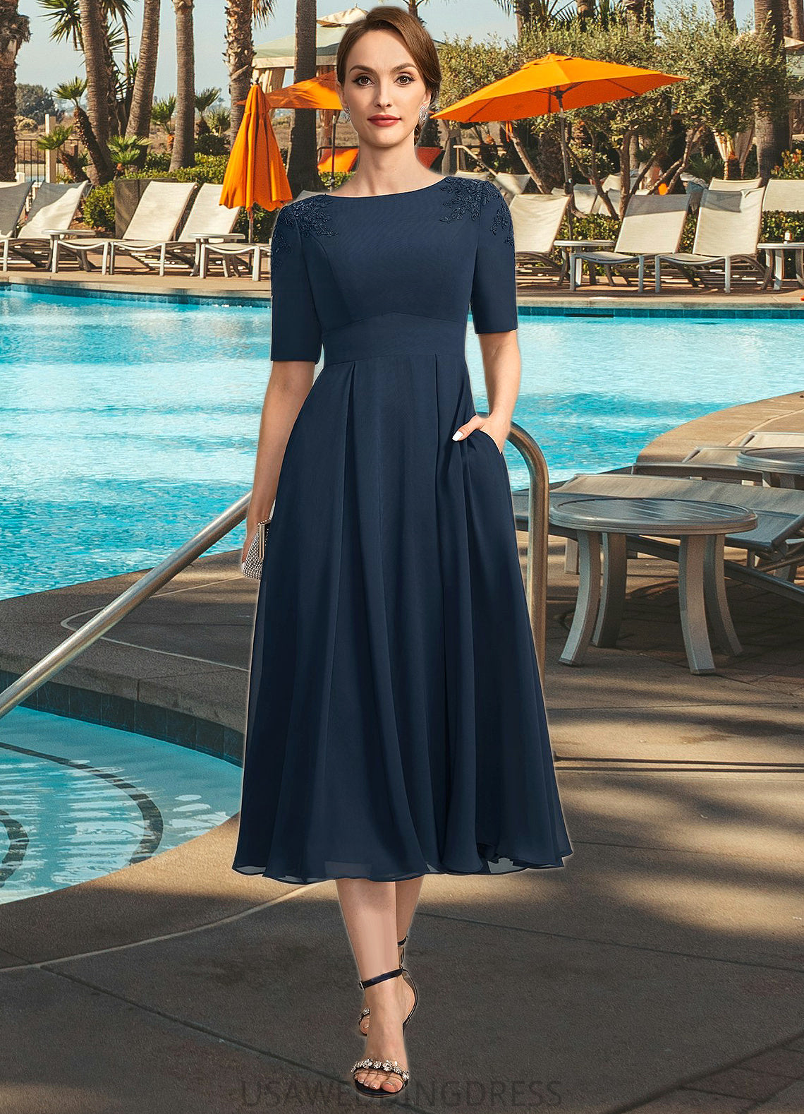 Callie A-line Scoop Tea-Length Chiffon Mother of the Bride Dress With Appliques Lace Sequins DS126P0021760