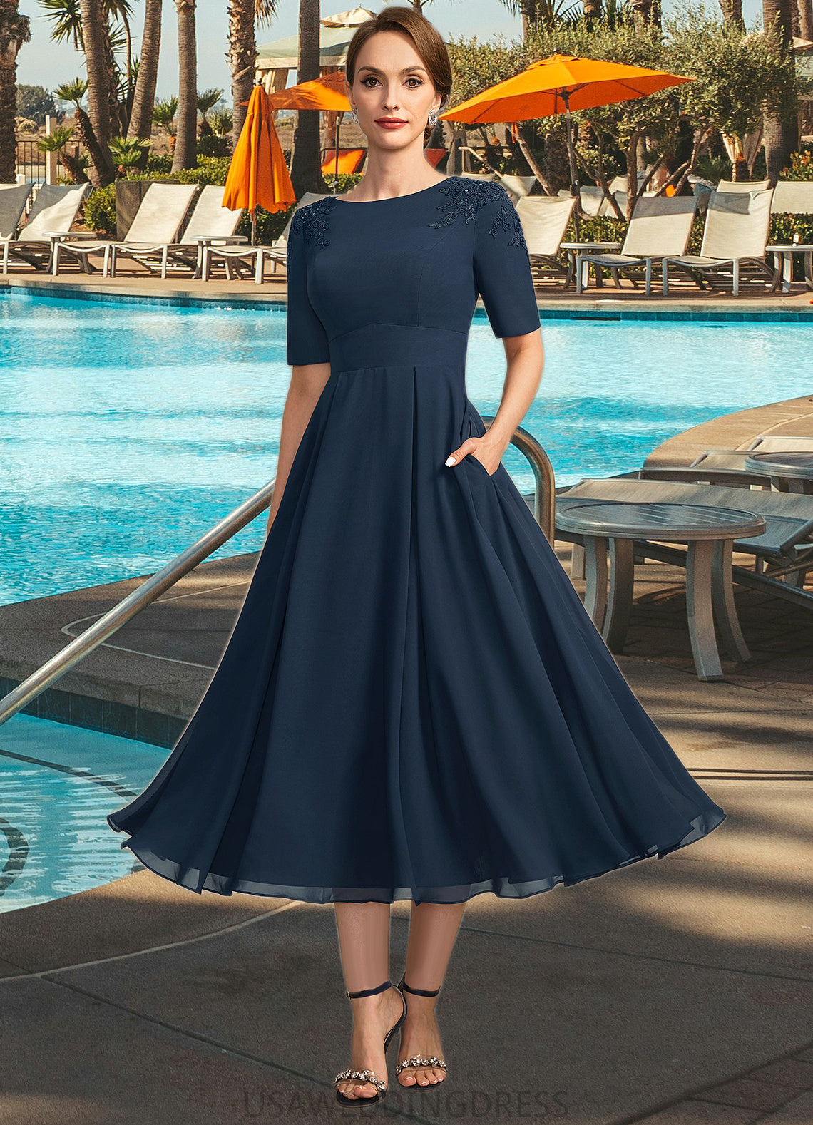 Callie A-line Scoop Tea-Length Chiffon Mother of the Bride Dress With Appliques Lace Sequins DS126P0021760