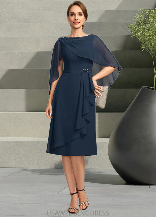 Diamond Sheath/Column Scoop Knee-Length Chiffon Mother of the Bride Dress With Beading Cascading Ruffles DS126P0021761