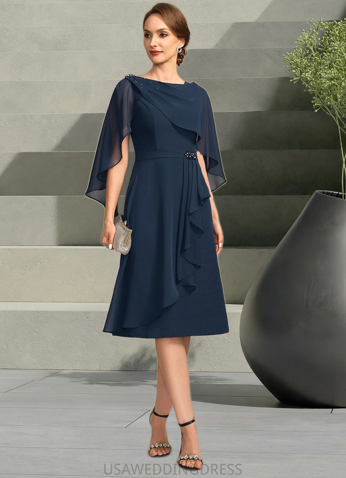 Diamond Sheath/Column Scoop Knee-Length Chiffon Mother of the Bride Dress With Beading Cascading Ruffles DS126P0021761