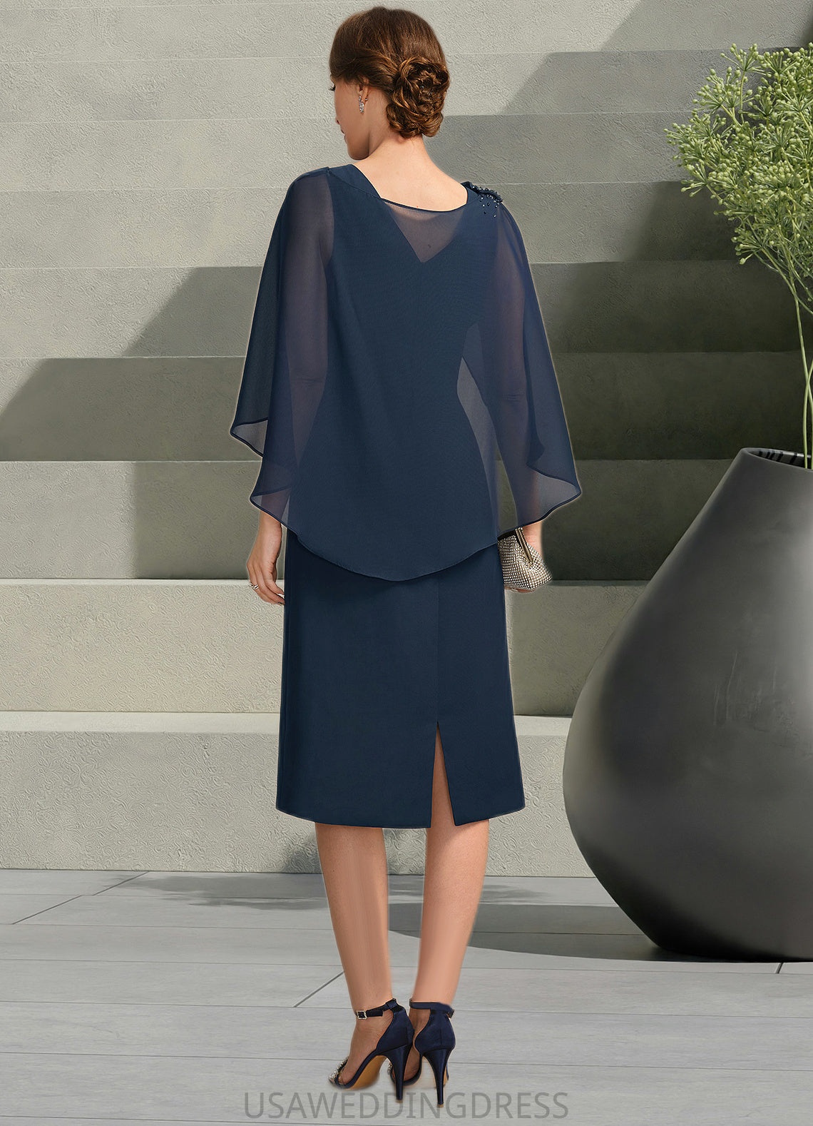 Diamond Sheath/Column Scoop Knee-Length Chiffon Mother of the Bride Dress With Beading Cascading Ruffles DS126P0021761