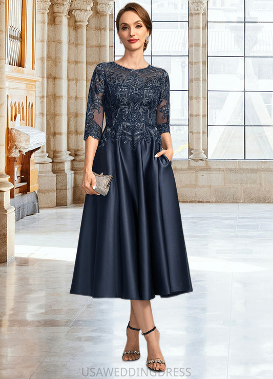 Michelle A-line Scoop Illusion Tea-Length Lace Satin Mother of the Bride Dress With Sequins DS126P0021762