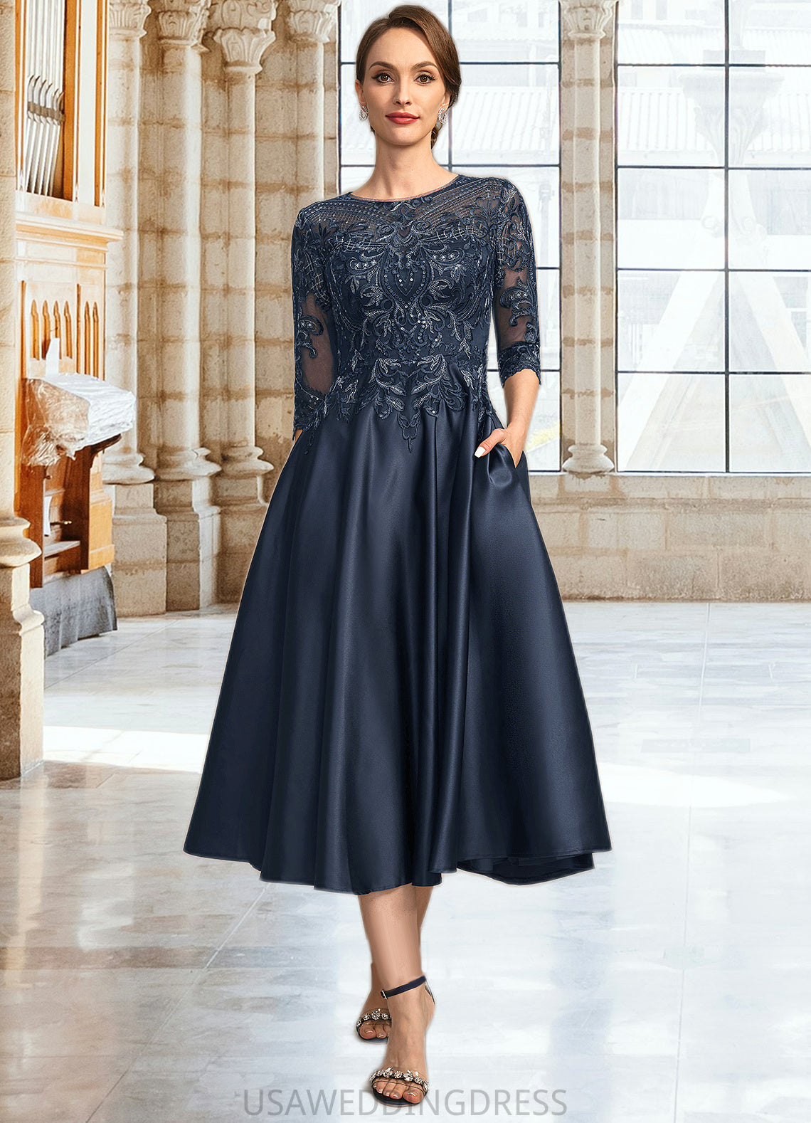 Michelle A-line Scoop Illusion Tea-Length Lace Satin Mother of the Bride Dress With Sequins DS126P0021762