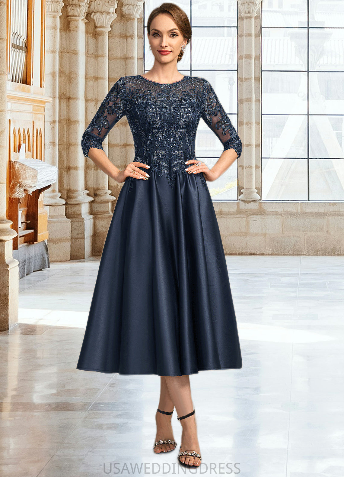 Michelle A-line Scoop Illusion Tea-Length Lace Satin Mother of the Bride Dress With Sequins DS126P0021762