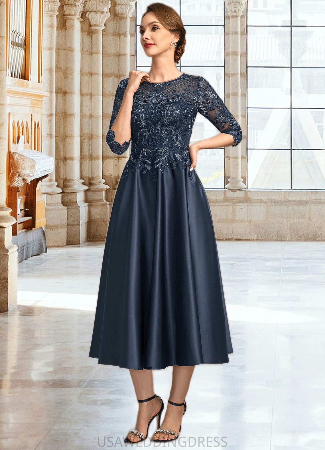 Michelle A-line Scoop Illusion Tea-Length Lace Satin Mother of the Bride Dress With Sequins DS126P0021762