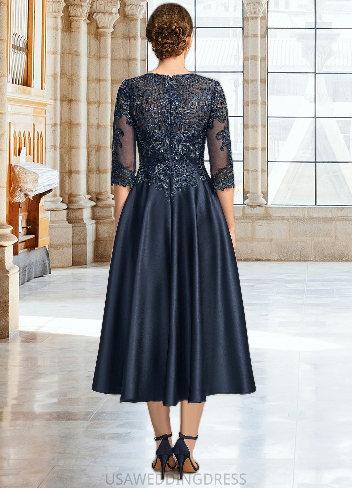 Michelle A-line Scoop Illusion Tea-Length Lace Satin Mother of the Bride Dress With Sequins DS126P0021762
