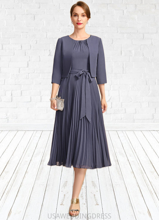 Pam A-line Scoop Tea-Length Chiffon Mother of the Bride Dress With Bow Pleated DS126P0021763