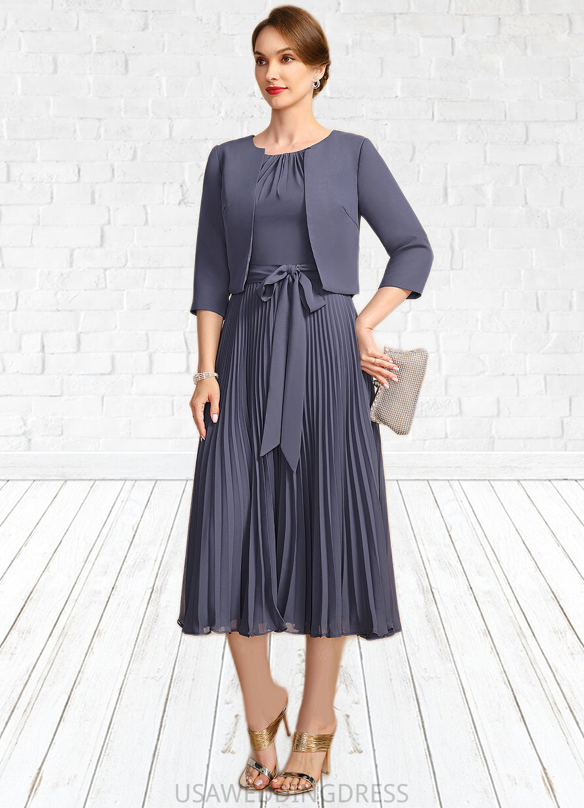 Pam A-line Scoop Tea-Length Chiffon Mother of the Bride Dress With Bow Pleated DS126P0021763