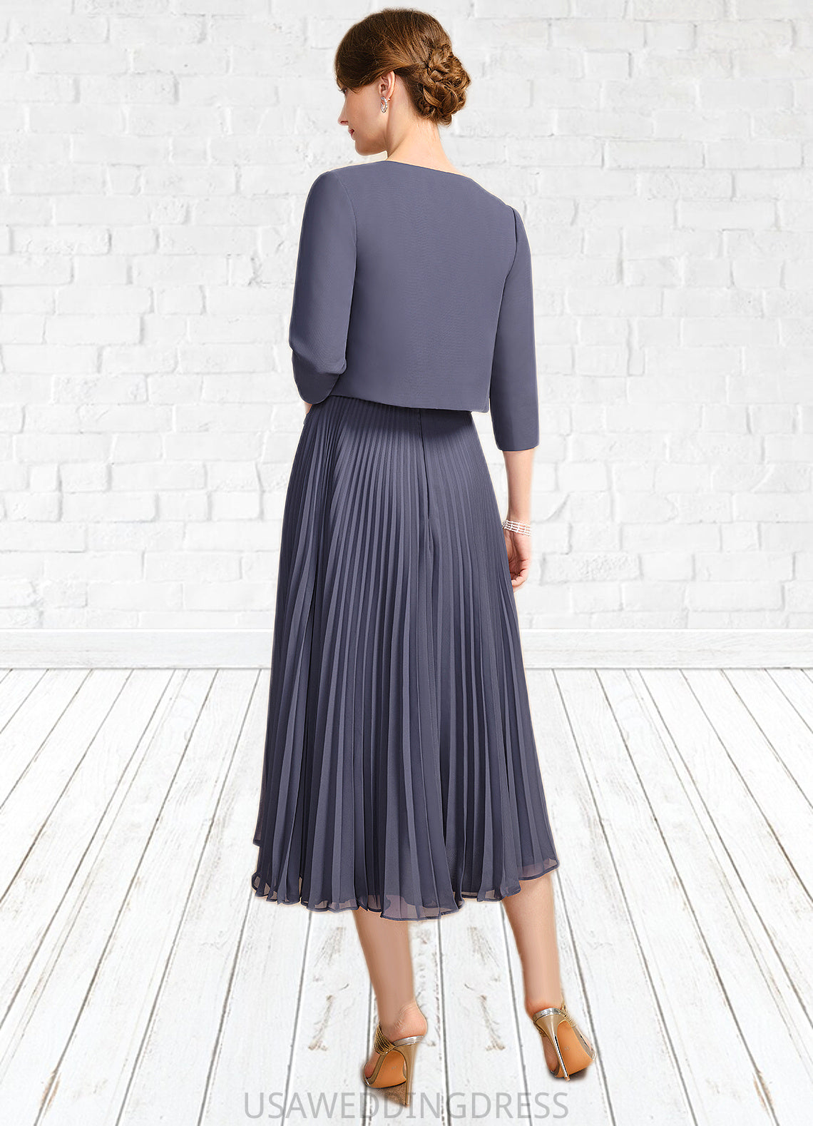 Pam A-line Scoop Tea-Length Chiffon Mother of the Bride Dress With Bow Pleated DS126P0021763