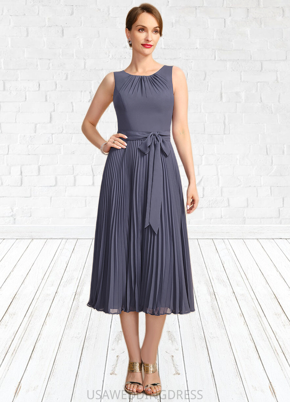 Pam A-line Scoop Tea-Length Chiffon Mother of the Bride Dress With Bow Pleated DS126P0021763