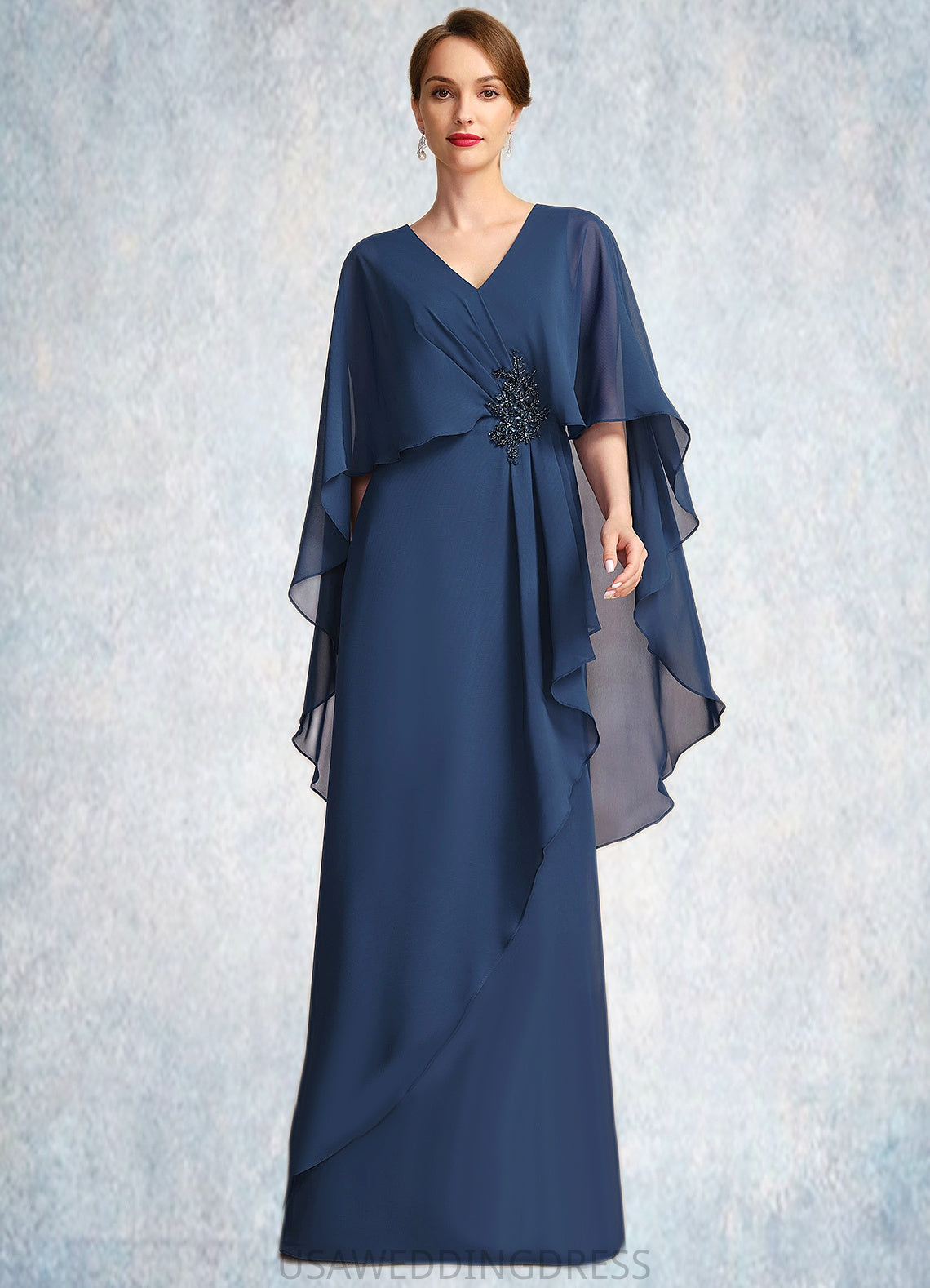 Jakayla A-line V-Neck Floor-Length Chiffon Mother of the Bride Dress With Beading Cascading Ruffles DS126P0021766