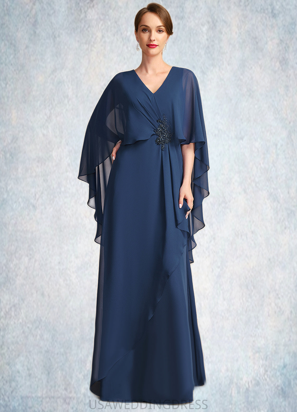 Jakayla A-line V-Neck Floor-Length Chiffon Mother of the Bride Dress With Beading Cascading Ruffles DS126P0021766