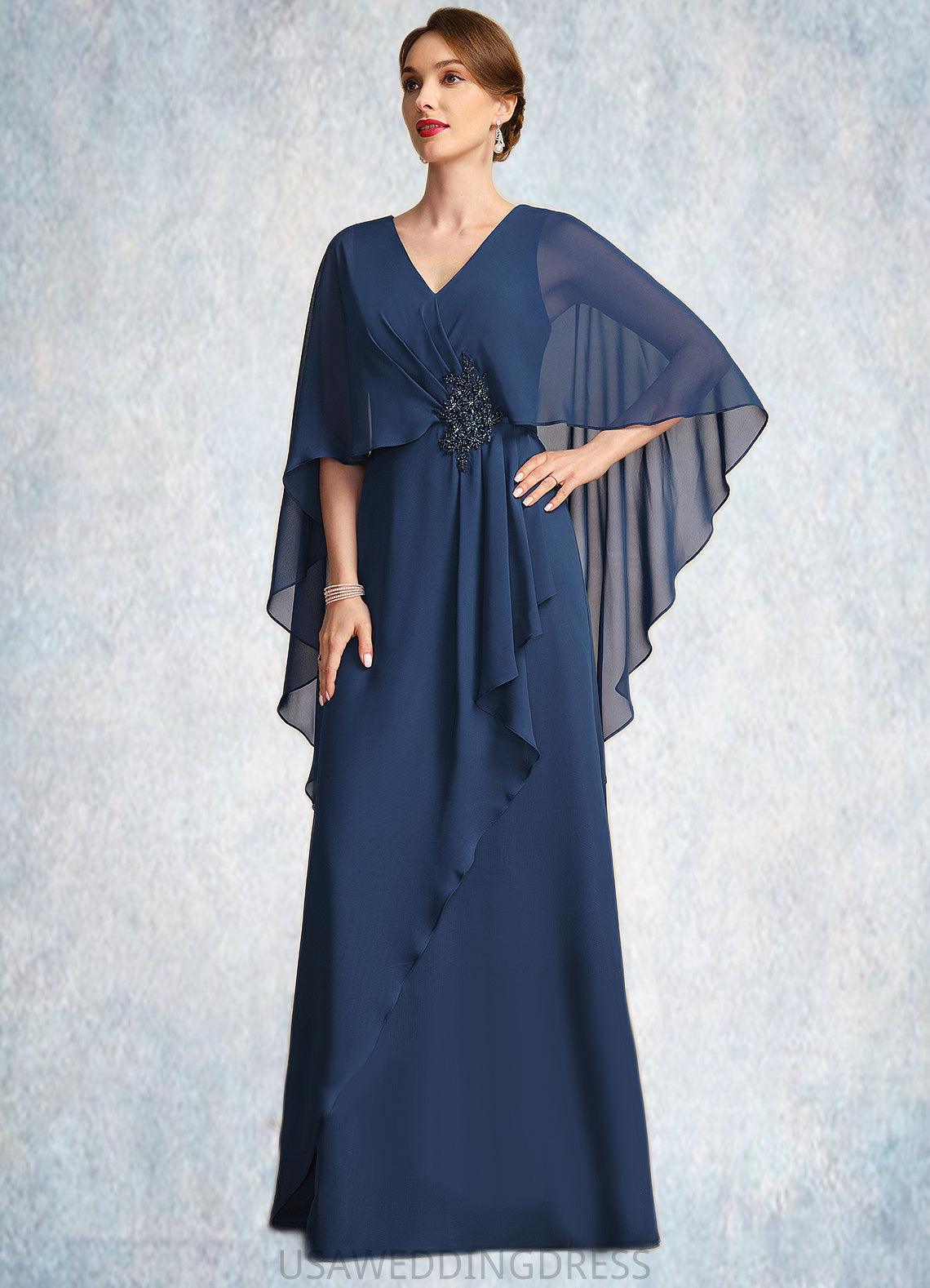 Jakayla A-line V-Neck Floor-Length Chiffon Mother of the Bride Dress With Beading Cascading Ruffles DS126P0021766
