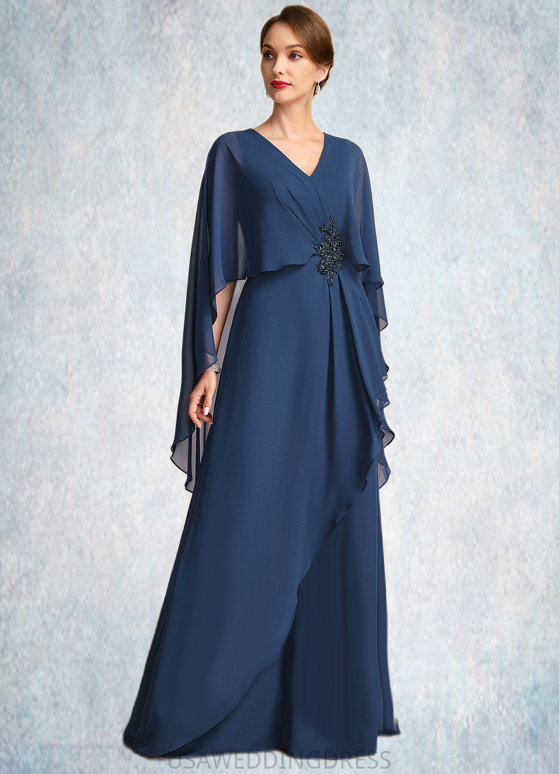Jakayla A-line V-Neck Floor-Length Chiffon Mother of the Bride Dress With Beading Cascading Ruffles DS126P0021766