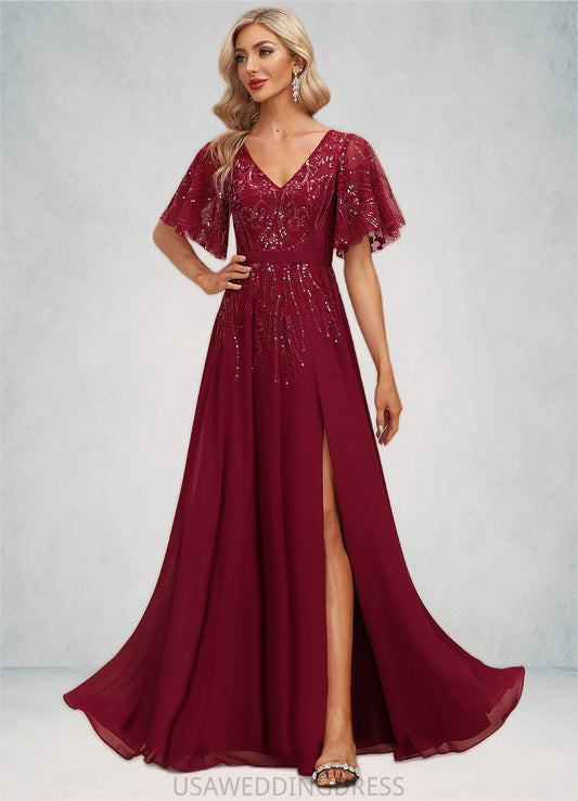 Aurora A-line V-Neck Floor-Length Chiffon Lace Mother of the Bride Dress With Sequins DS126P0021767